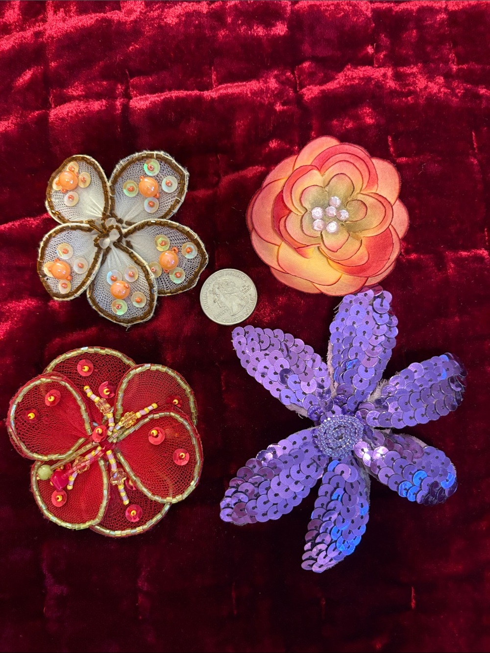 Handcrafted Floral Sequin Brooches  Set of 4
